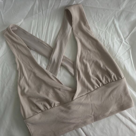 Dynamite Crossover Crop Tops in Olive and Beige - Picture 5 of 7